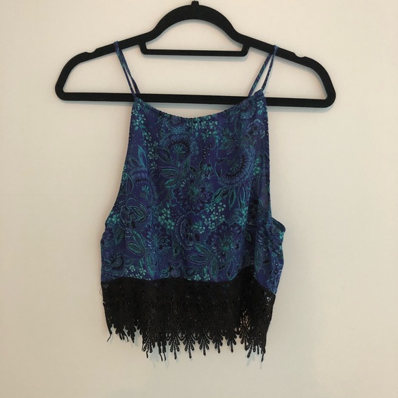 Blue back-tie crop top with Embroidered fringe - Picture 2 of 3